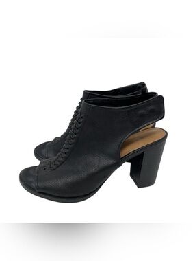 Peep Toe Black Open Toe Block Heel Booties with braid accent size 7